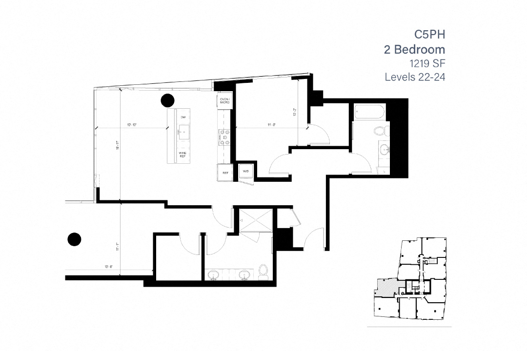 Floor plan for 2 beds, 2 baths, 1219 sqft